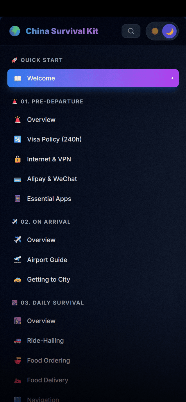 China Survival Kit guide showing Alipay setup, VPN recommendations, and emergency cards