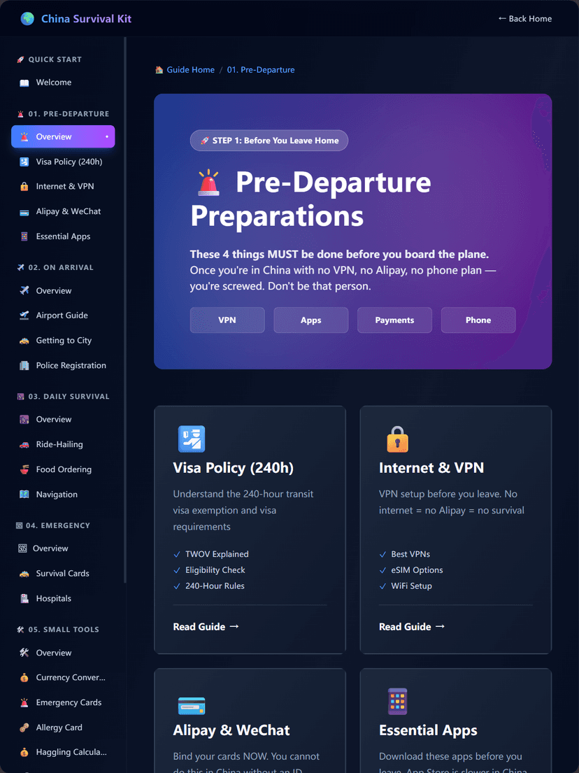 China Survival Kit mobile app interface showing Alipay setup guide, VPN recommendations, and emergency Chinese cards for travelers