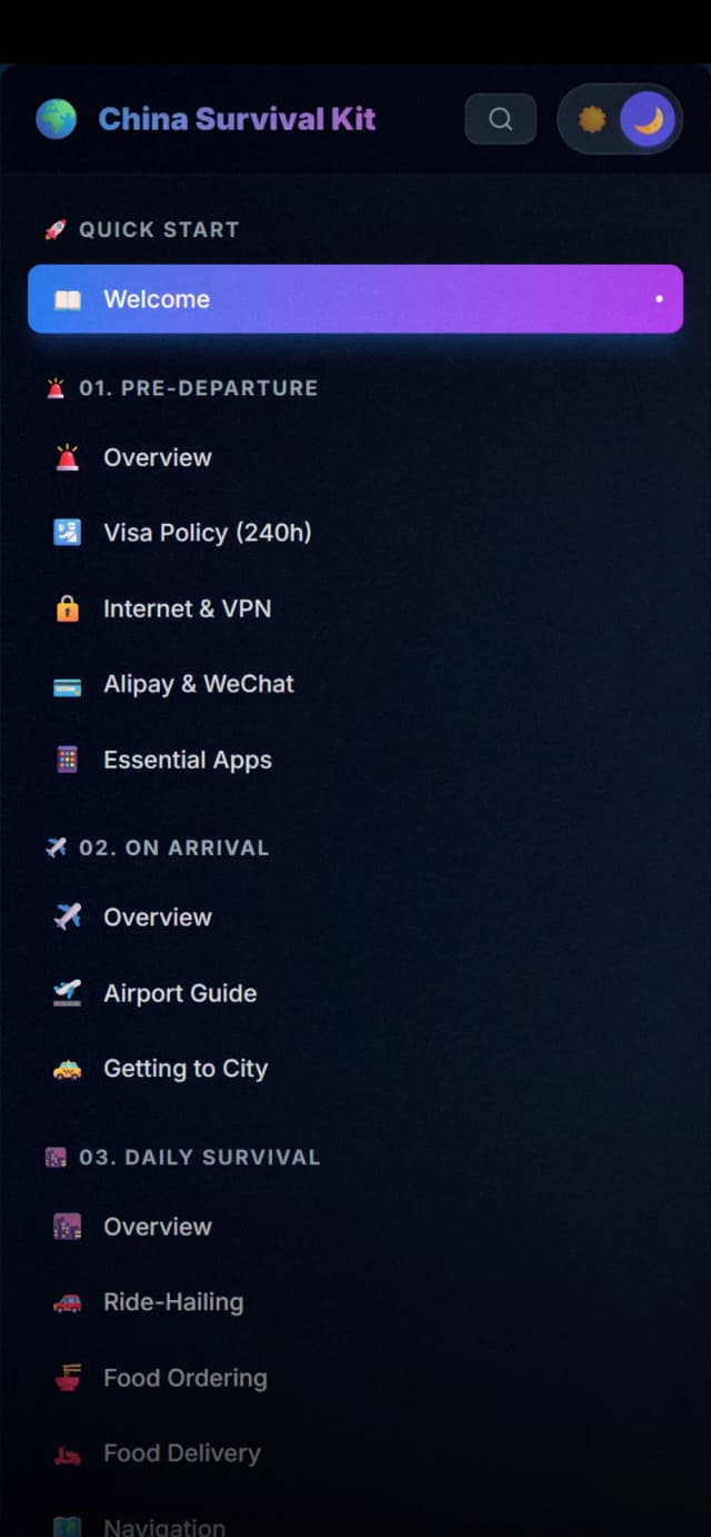 China Survival Kit guide showing Alipay setup, VPN recommendations, and emergency cards
